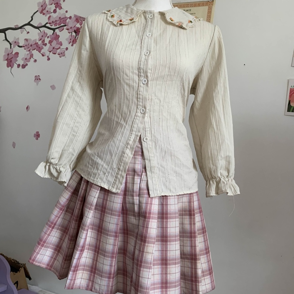 Cream Blouse and Pink Plaid Skirt Set